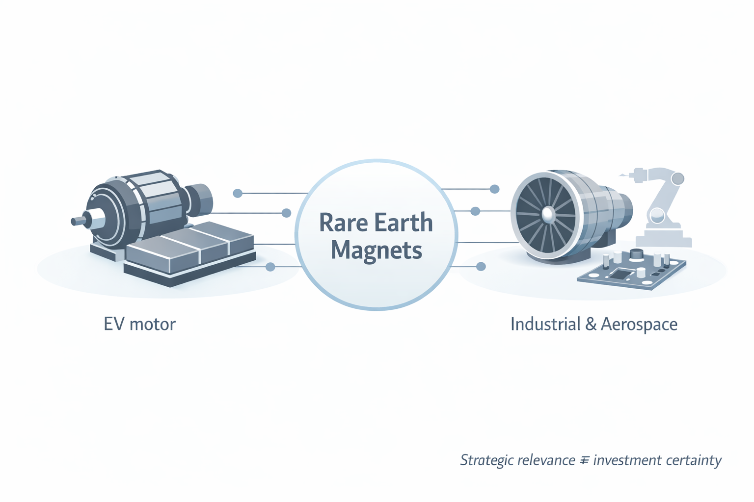 Minimal research illustration showing rare earth magnets connecting EV and aerospace/industrial supply chains.