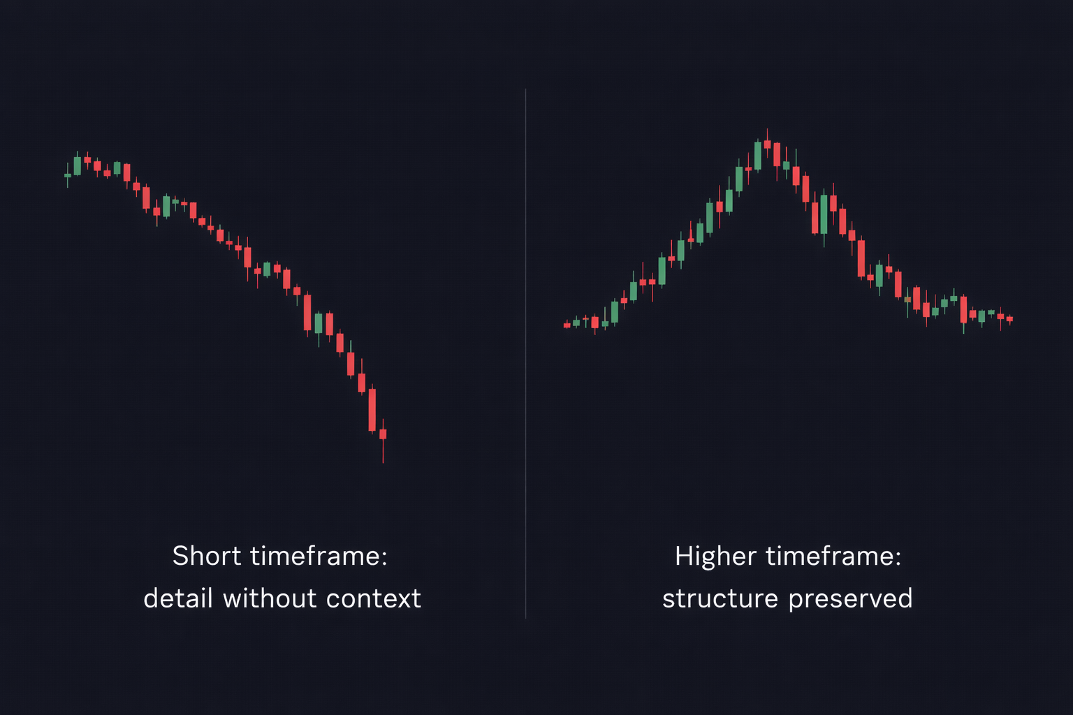 Side-by-side charts showing the same price movement appearing dramatic on a short timeframe and insignificant on a higher timeframe.