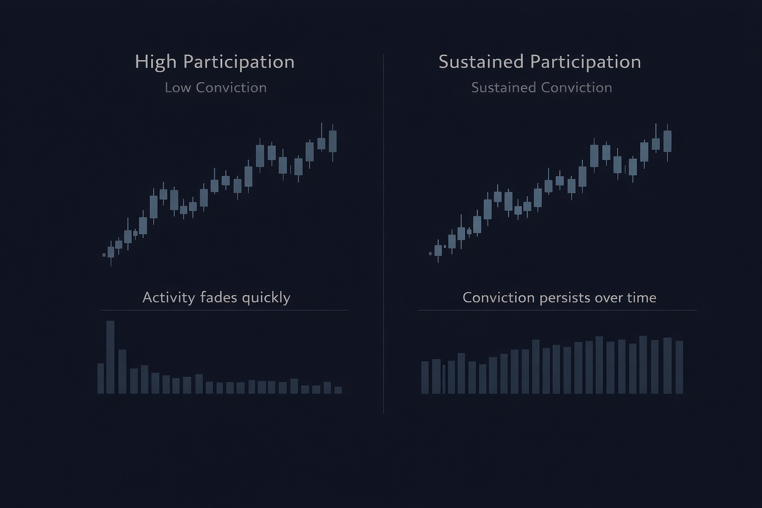 Side-by-side stock charts showing identical price movement with different volume behavior, illustrating the difference between participation and conviction.