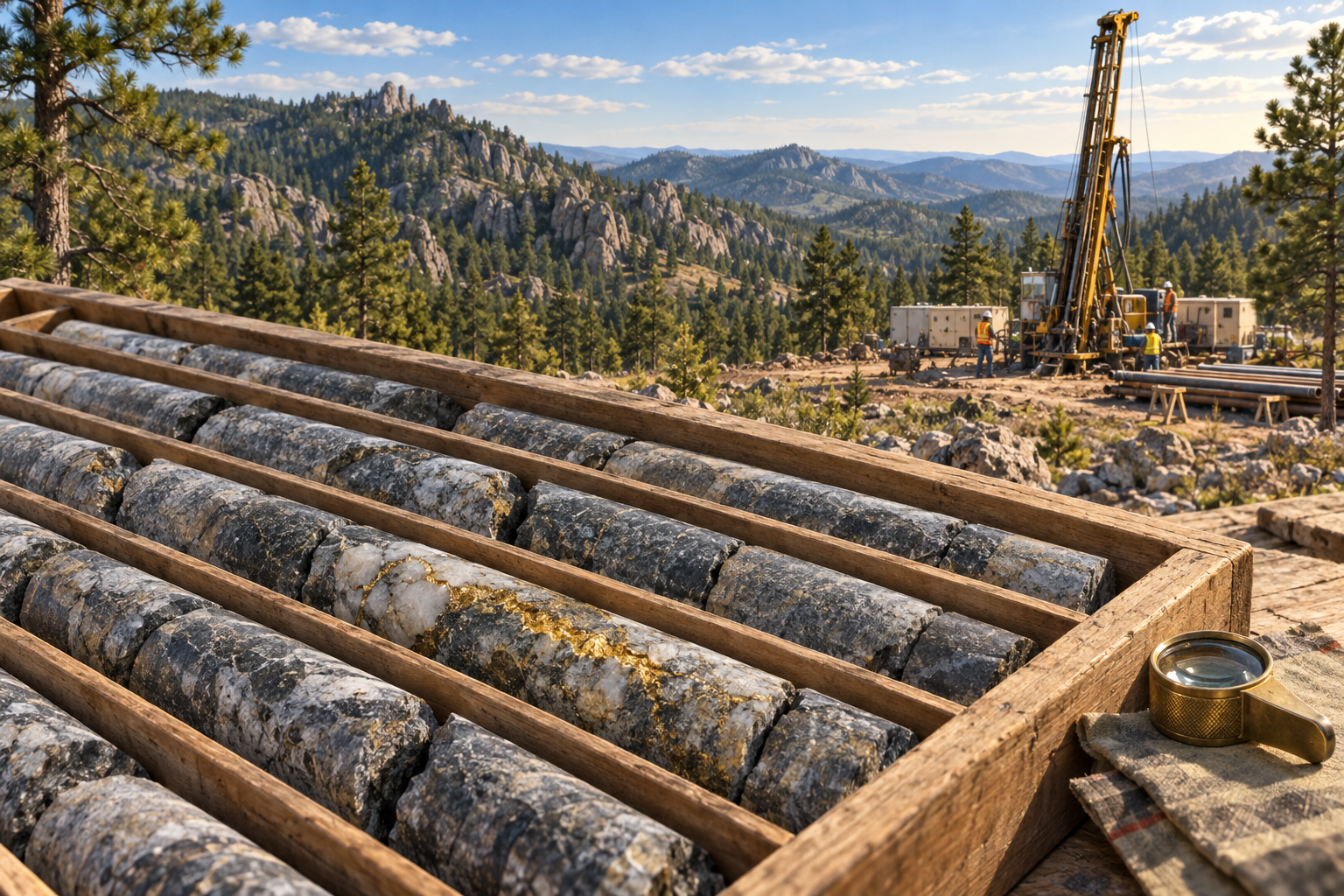 Conceptual illustration of geological drill cores, a hand lens and an exploration rig in pine-covered Black Hills terrain.